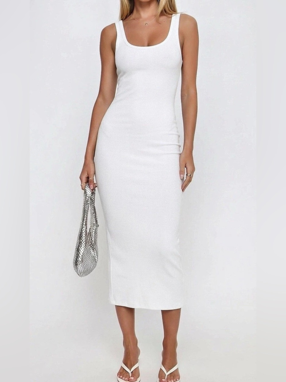 White Ribbed Midi Dress- meshki